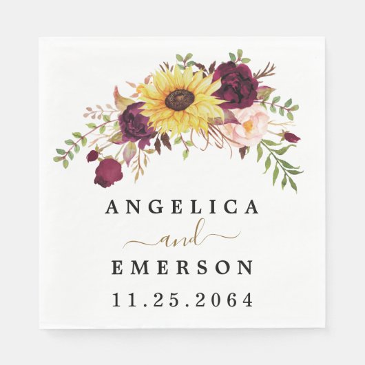 サンフラワーブルガンディレッド赤面牡丹バラ結婚ズ スタンダードランチョンナプキン (正面)