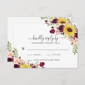 サンフラワーブルガンディレッド赤面牡丹バラ結婚ズ 出欠カード (正面/裏面)