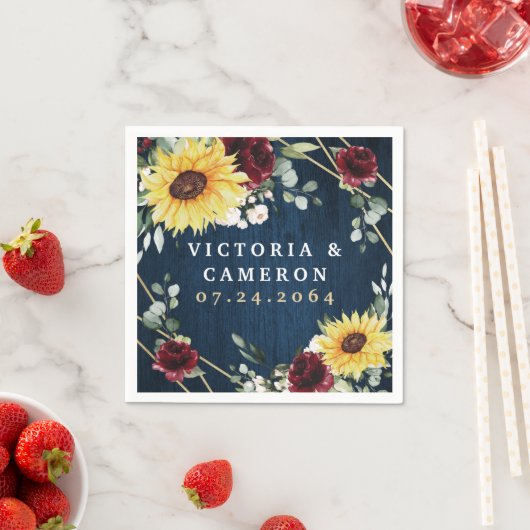 サンフラワーブルゴーニュバラネイビージオメト結婚リの スタンダードカクテルナプキン (インサイチュ)