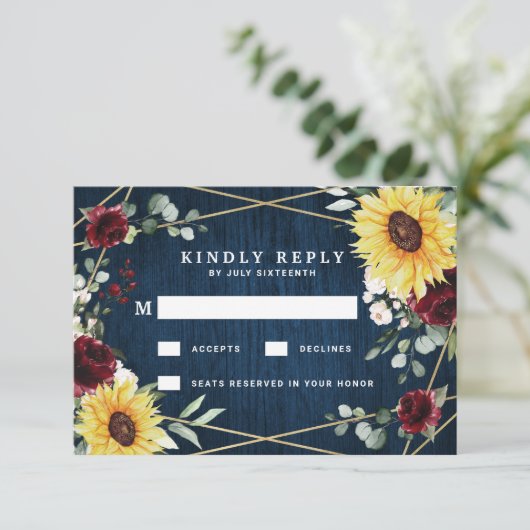 サンフラワーブルゴーニュバラネイビージオメト結婚リの 出欠カード (スタンド正面)