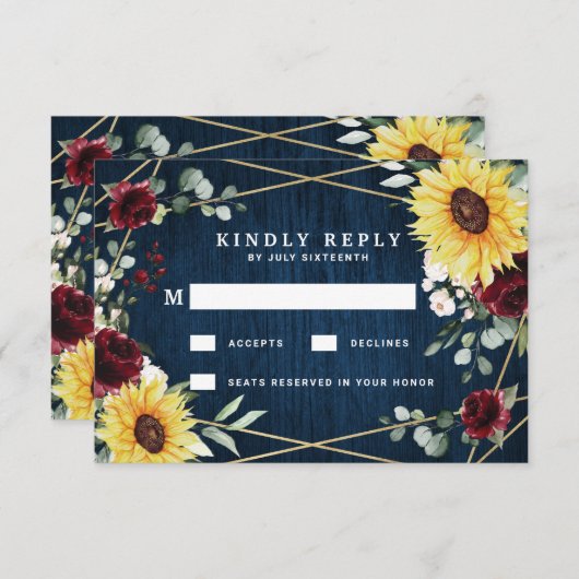 サンフラワーブルゴーニュバラネイビージオメト結婚リの 出欠カード (正面/裏面)