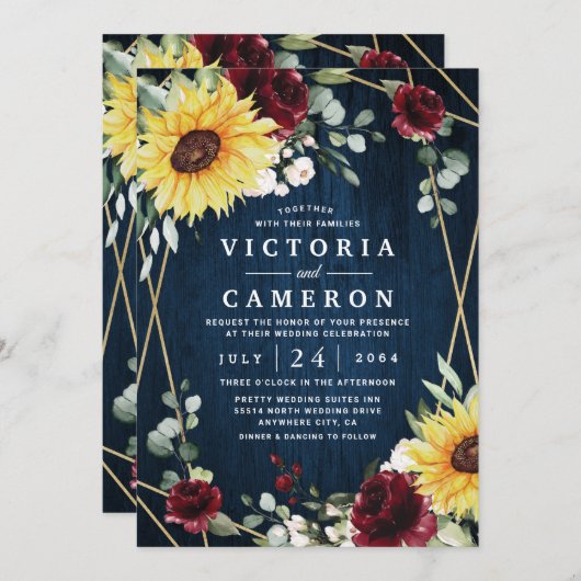 サンフラワーブルゴーニュバラネイビージオメト結婚リの 招待状 (正面/裏面)