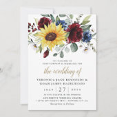 サンフラワーブルゴーニュバラネイビー素朴ブルー結婚ズ 招待状 (正面)