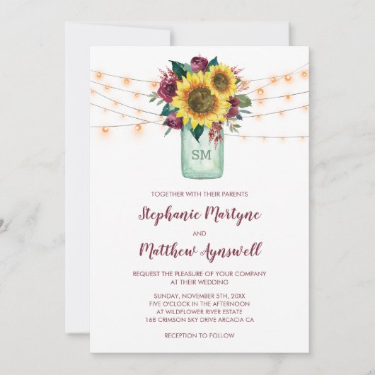 サンフラワーブルゴーニュバラライツメイソンジャー結婚ズ 招待状 (正面)