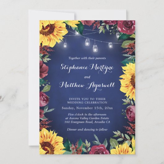 サンフラワーブルゴーニュフローラネイビージャールライツ結婚ズ 招待状 (正面)