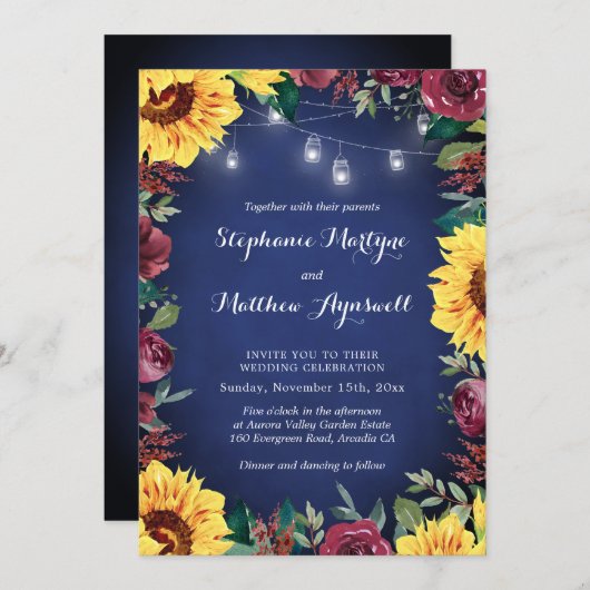 サンフラワーブルゴーニュフローラネイビージャールライツ結婚ズ 招待状 (正面/裏面)