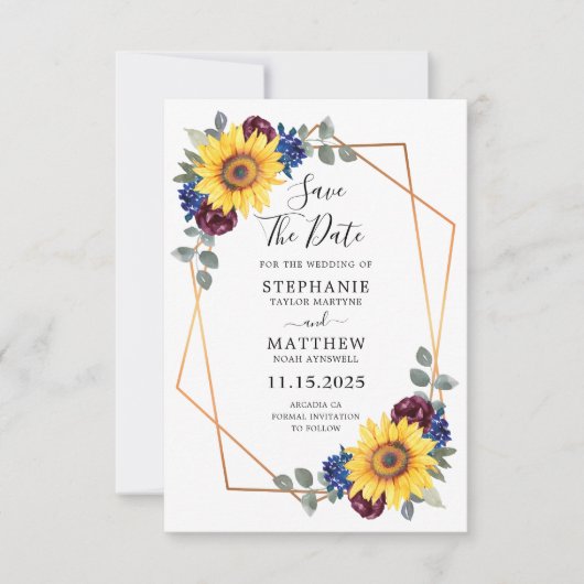 サンフラワーブルゴーニュ海軍フローラ幾何学結婚ズ セーブザデート (正面)