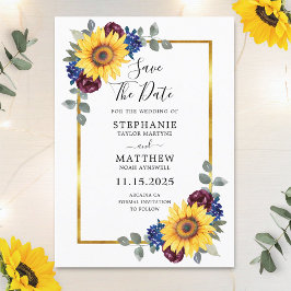 サンフラワーブルゴーニュ海軍フローラ縁ど金ゴールド結婚ズ セーブザデート