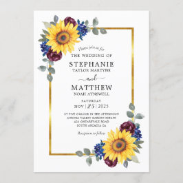 サンフラワーブルゴーニュ海軍フローラ縁ど金ゴールド結婚ズ 招待状