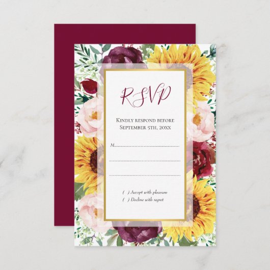 サンフラワーブルゴーニュ秋金ゴールド結婚フローラ 出欠カード (正面/裏面)