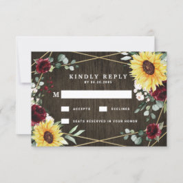 サンフラワーブルゴーニュ素朴バラ幾何結婚の 出欠カード