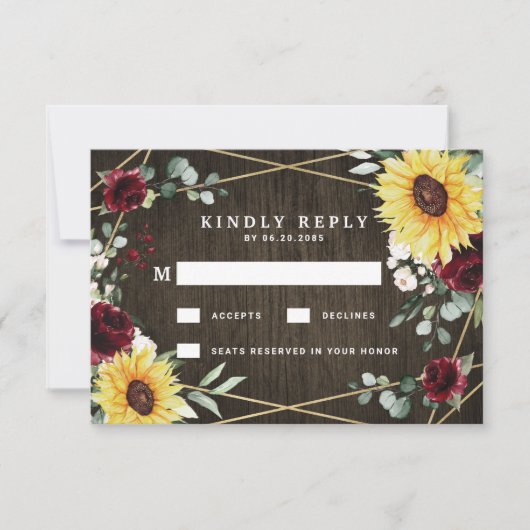 サンフラワーブルゴーニュ素朴バラ幾何結婚の 出欠カード (正面)