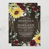 サンフラワーブルゴーニュ素朴バラ幾何結婚の 招待状 (正面/裏面)