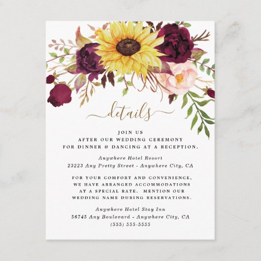 サンフラワーブルゴーニュ金ゴールド赤面牡丹バラ結婚ズ エンクロージャーカード (正面)