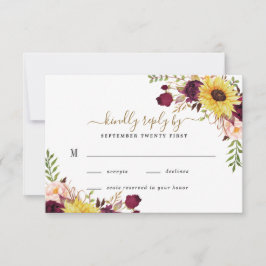 サンフラワーブルゴーニュ金ゴールド赤面牡丹バラ結婚ズ 出欠カード