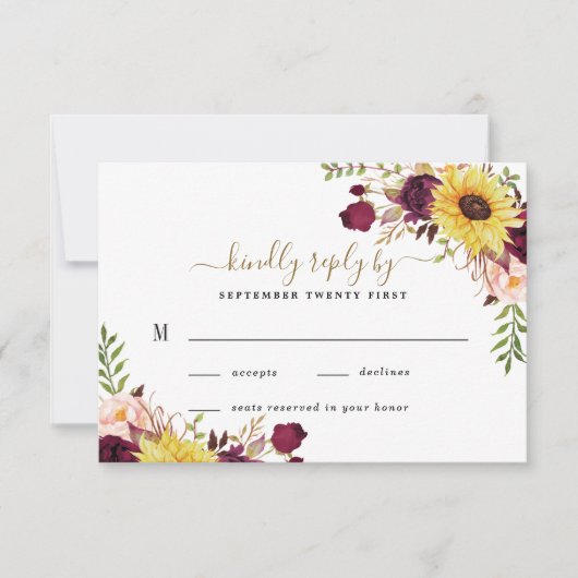 サンフラワーブルゴーニュ金ゴールド赤面牡丹バラ結婚ズ 出欠カード (正面)