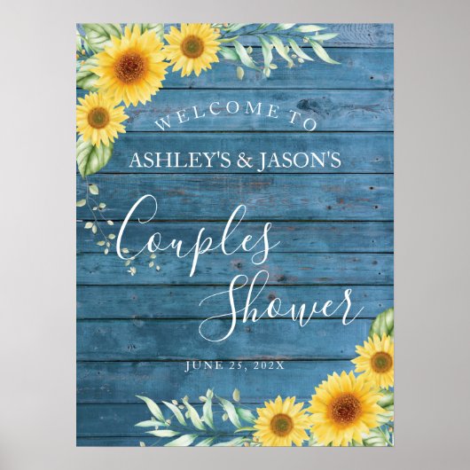 サンフラワーブルーウッドカップルシャワー歓迎サイン ポスター (正面)