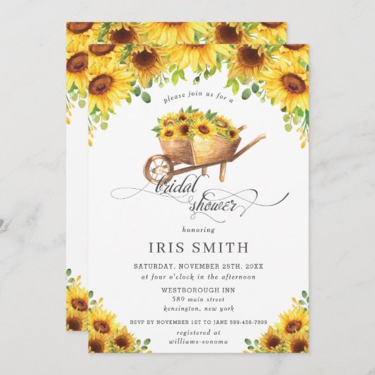 サンフラワーホイールバローカントリーブライダルシャワー 招待状 (正面/裏面)