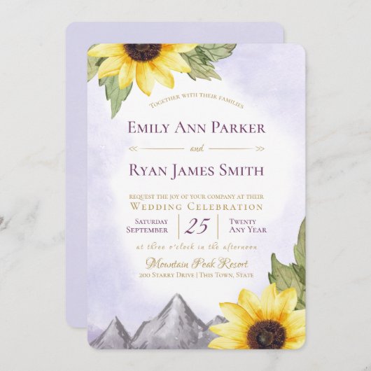 サンフラワーマウンテンラベンダーパープル結婚ズ 招待状 (正面/裏面)