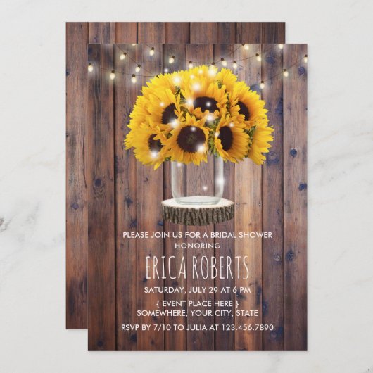 サンフラワーメイソンジャームンウッド素朴ブライダルシャワー 招待状 (正面/裏面)