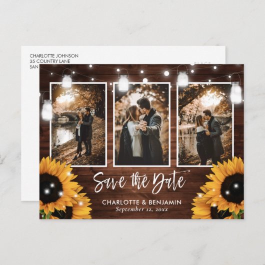 サンフラワーメイソンジャール納屋の木の写真デートを保存 案内ポストカード (正面/裏面)