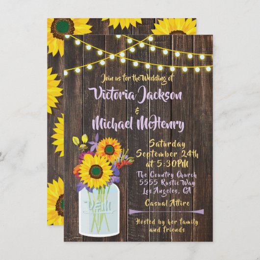 サンフラワーメイソンジャール素朴ウッド結婚式招待状 招待状 (正面/裏面)