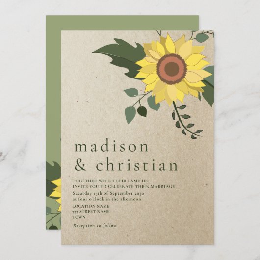 サンフラワーモダンセージ結婚グリーン 招待状 (正面/裏面)