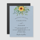 サンフラワーユーカリほこりっぽいブルー結婚ラグジュアリー マグネット招待状 (正面/裏面)