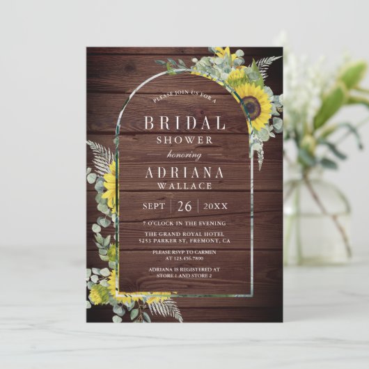 サンフラワーユーカリプトゥスアーチフォトウッドブライダルシャワー 招待状 (スタンド正面)