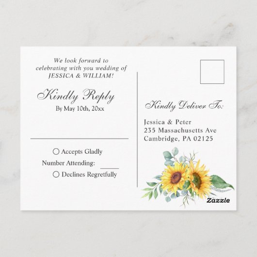 サンフラワーユーカリプトゥスウォーターカラーボホウェディングRSVP ポストカード (裏面)