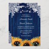 サンフラワーユーカリプトゥスウッドレースネイビーブルー結婚ズ 招待状 (正面/裏面)