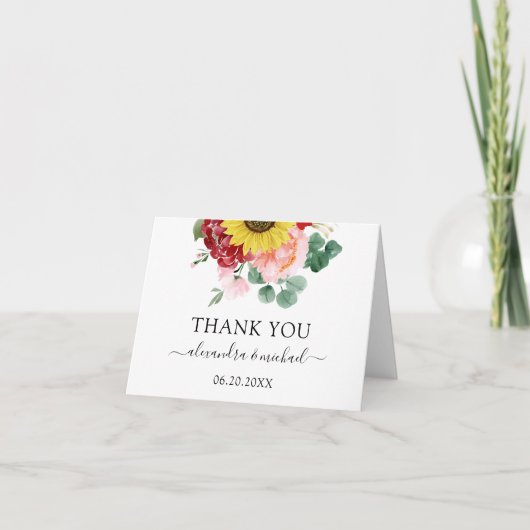 サンフラワーユーカリプトゥスカントリー水結婚色の サンキューカード (正面)