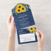 サンフラワーユーカリプトゥスストリングライツネイビー結婚ズ オールインワン招待状 (貼ってはがせる)