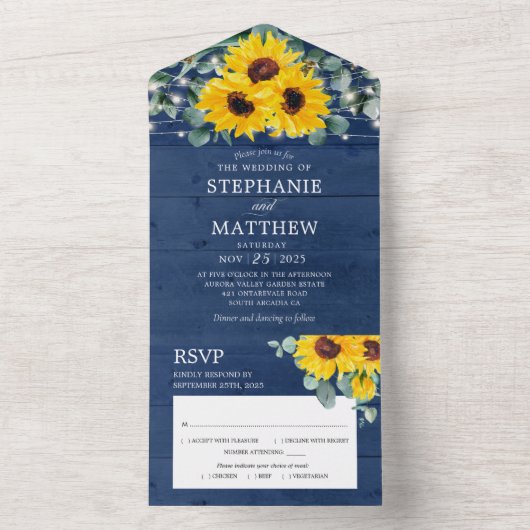 サンフラワーユーカリプトゥスストリングライツネイビー結婚ズ オールインワン招待状 (内側)