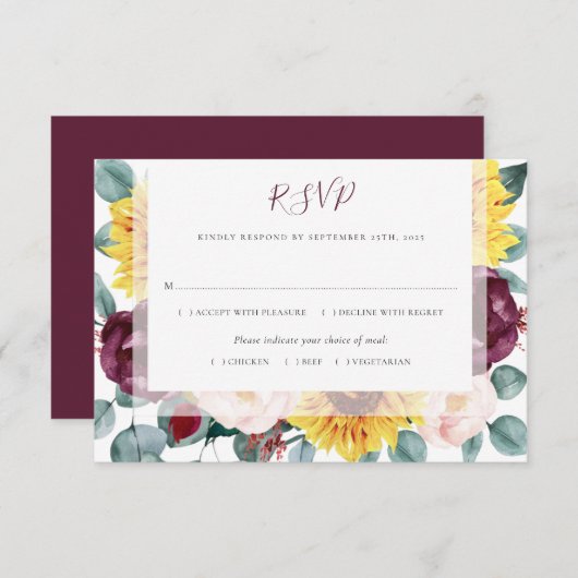 サンフラワーユーカリプトゥスブルゴーニュ赤面結婚フローラ 出欠カード (正面/裏面)