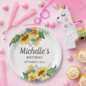 サンフラワーユーカリプトゥス女性の誕生日名日付 ペーパープレート (パーティー)