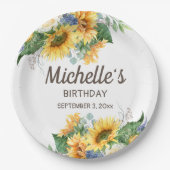 サンフラワーユーカリプトゥス女性の誕生日名日付 ペーパープレート (正面)