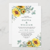 サンフラワーユーカリプトゥス素朴ウォーター結婚カラー 招待状 (正面/裏面)