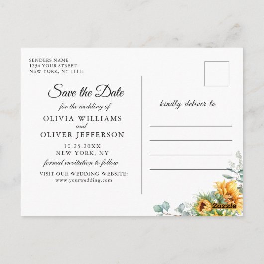 サンフラワーユーカリ素朴ウェディング日付を保存 ポストカード (裏面)