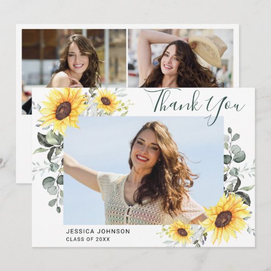 サンフラワーユーカリ素朴3写真卒業 サンキューカード (正面/裏面)