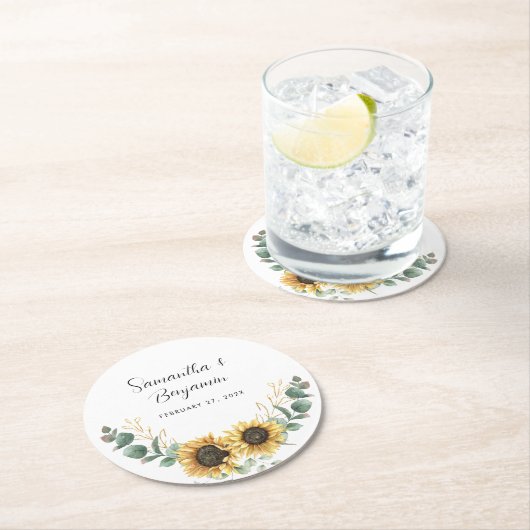 サンフラワーユーカリ結婚式の引き出物 ラウンドペーパーコースター (インサイチュ)