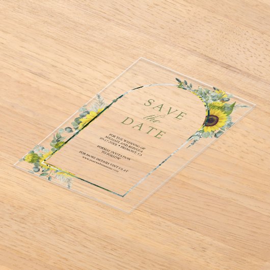 サンフラワーユーカリ結婚式の日付を保存 アクリル招待状 (レイダウン)
