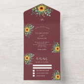 サンフラワーユーカリ緑のワインレッド結婚ズ オールインワン招待状 (内側)