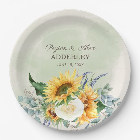 サンフラワーユーカリ葉ウエディングレセプション ペーパープレート (正面)