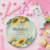 サンフラワーユーカリ葉誕生日名日付 ペーパープレート (パーティー)