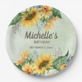 サンフラワーユーカリ葉誕生日名日付 ペーパープレート (正面)