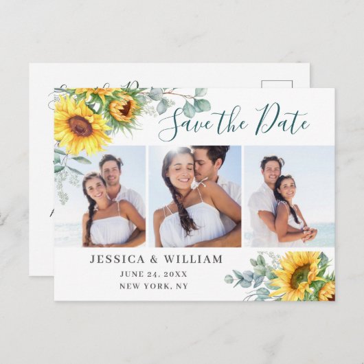 サンフラワーユーカリ3フォトウェディング日付を保存 ポストカード (正面/裏面)