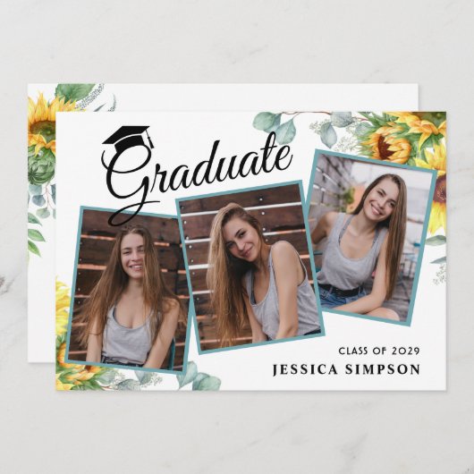 サンフラワーユーカリ3写真卒業パーティー 招待状 (正面/裏面)