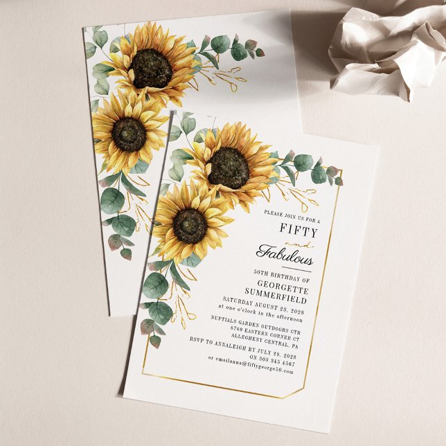 サンフラワーユーカリ50th誕生日招待状 (Sunflower Eucalyptus 50th Birthday Party Invitation Stationery)