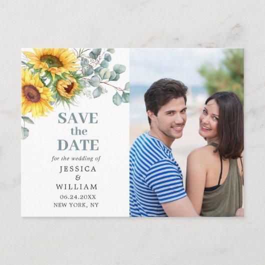 サンフラワーユーカリPHOTOウェディング日付を保存 ポストカード (正面)